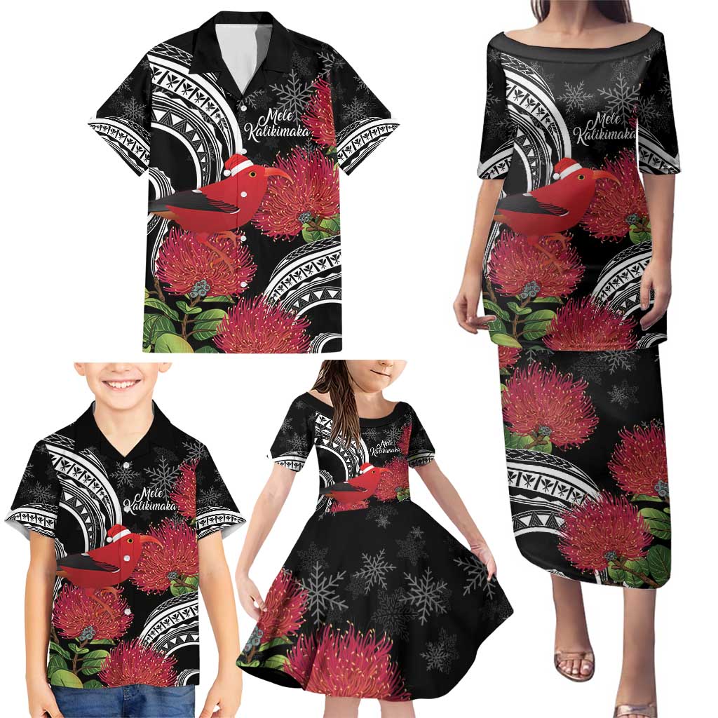 Personalized Mele Kalikimaka Hawaii Family Matching Puletasi and Hawaiian Shirt I'iwi Bird With Ohia Lehua - Black Color LT14 - Polynesian Pride