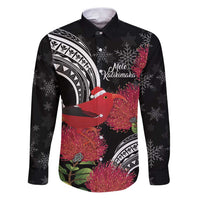 Personalized Mele Kalikimaka Hawaii Family Matching Puletasi and Hawaiian Shirt I'iwi Bird With Ohia Lehua - Black Color LT14 Dad's Shirt - Long Sleeve Black - Polynesian Pride