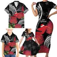 Personalized Mele Kalikimaka Hawaii Family Matching Short Sleeve Bodycon Dress and Hawaiian Shirt I'iwi Bird With Ohia Lehua - Black Color LT14 - Polynesian Pride