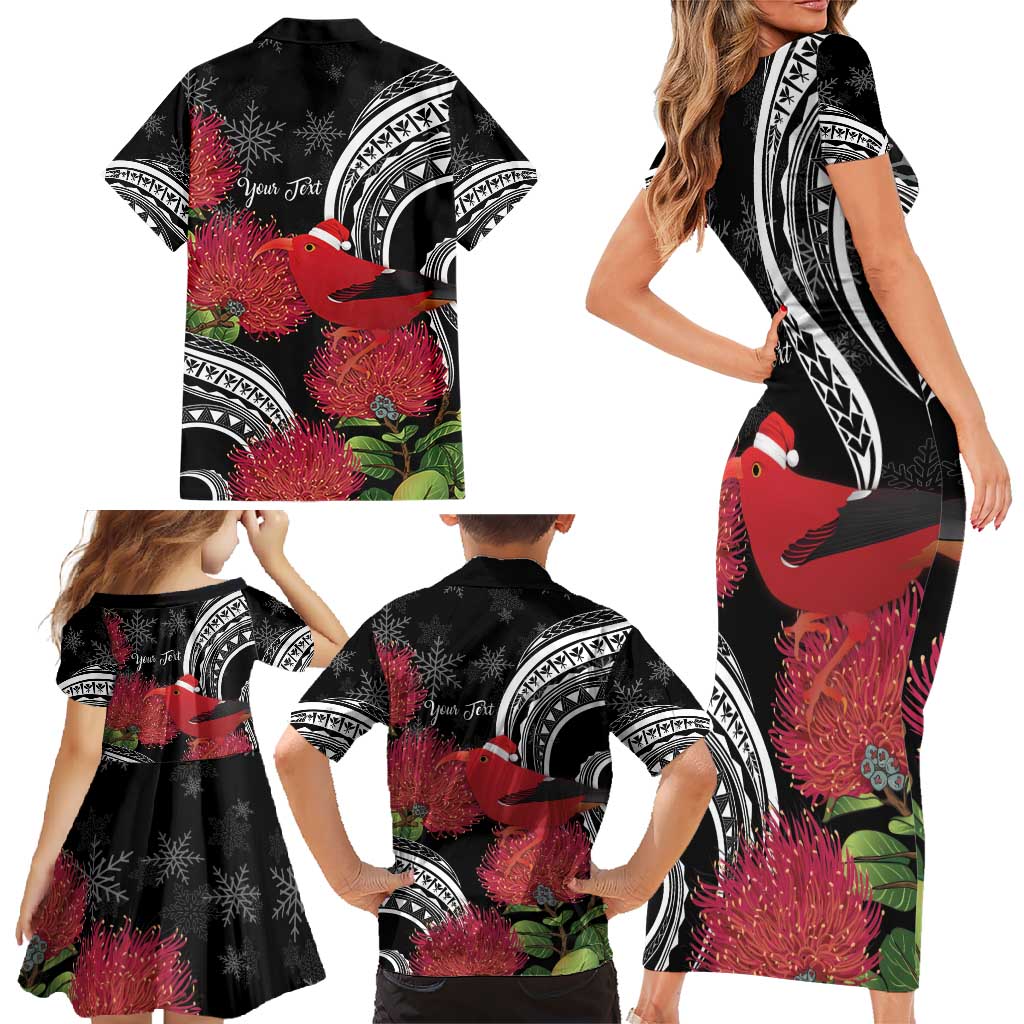 Personalized Mele Kalikimaka Hawaii Family Matching Short Sleeve Bodycon Dress and Hawaiian Shirt I'iwi Bird With Ohia Lehua - Black Color LT14 - Polynesian Pride