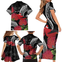 Personalized Mele Kalikimaka Hawaii Family Matching Short Sleeve Bodycon Dress and Hawaiian Shirt I'iwi Bird With Ohia Lehua - Black Color LT14 - Polynesian Pride