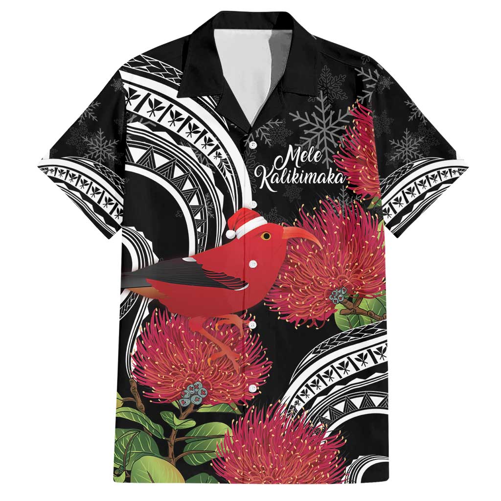 Personalized Mele Kalikimaka Hawaii Family Matching Short Sleeve Bodycon Dress and Hawaiian Shirt I'iwi Bird With Ohia Lehua - Black Color LT14 Dad's Shirt - Short Sleeve Black - Polynesian Pride