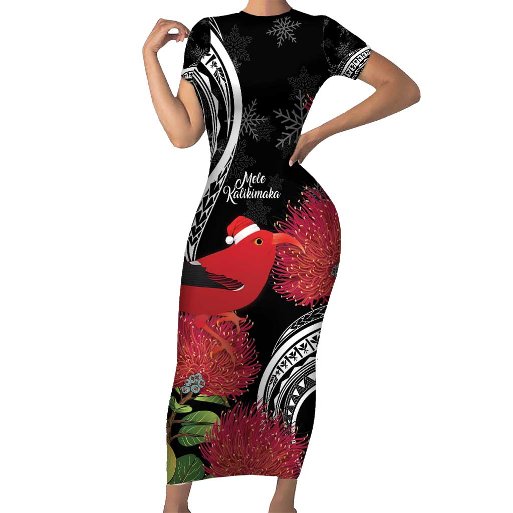 Personalized Mele Kalikimaka Hawaii Family Matching Short Sleeve Bodycon Dress and Hawaiian Shirt I'iwi Bird With Ohia Lehua - Black Color LT14 Mom's Dress Black - Polynesian Pride