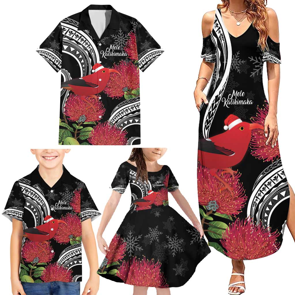 Personalized Mele Kalikimaka Hawaii Family Matching Summer Maxi Dress and Hawaiian Shirt I'iwi Bird With Ohia Lehua - Black Color LT14 - Polynesian Pride