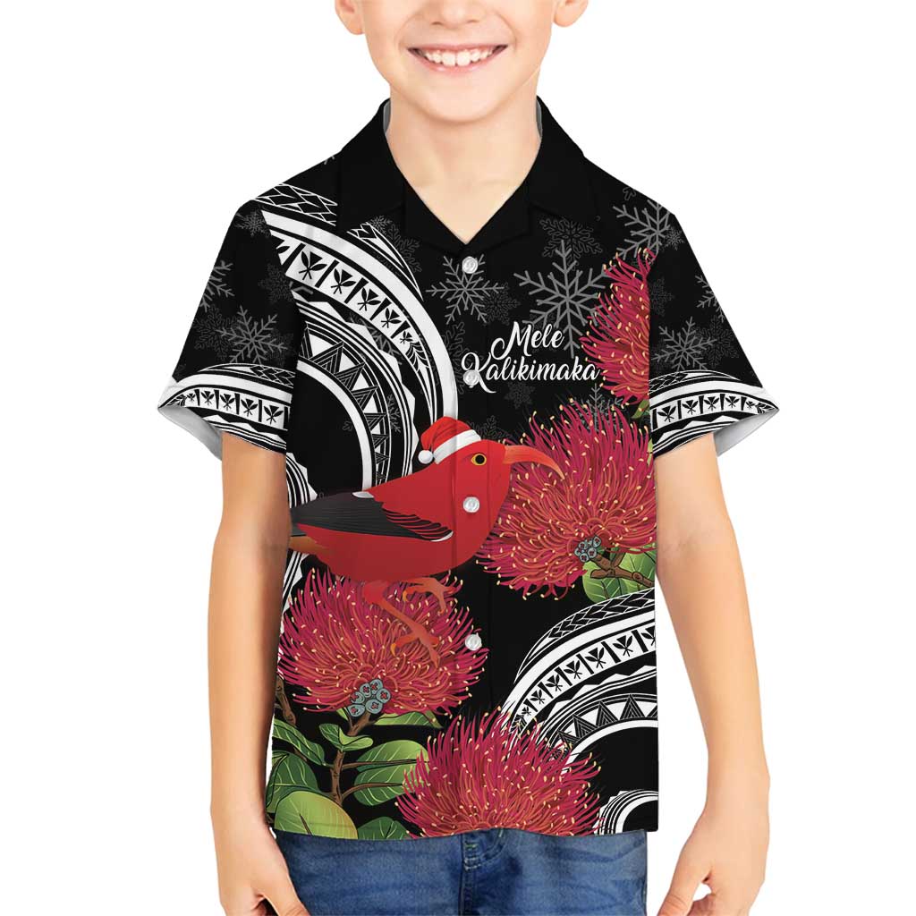 Personalized Mele Kalikimaka Hawaii Family Matching Summer Maxi Dress and Hawaiian Shirt I'iwi Bird With Ohia Lehua - Black Color LT14 Son's Shirt Black - Polynesian Pride