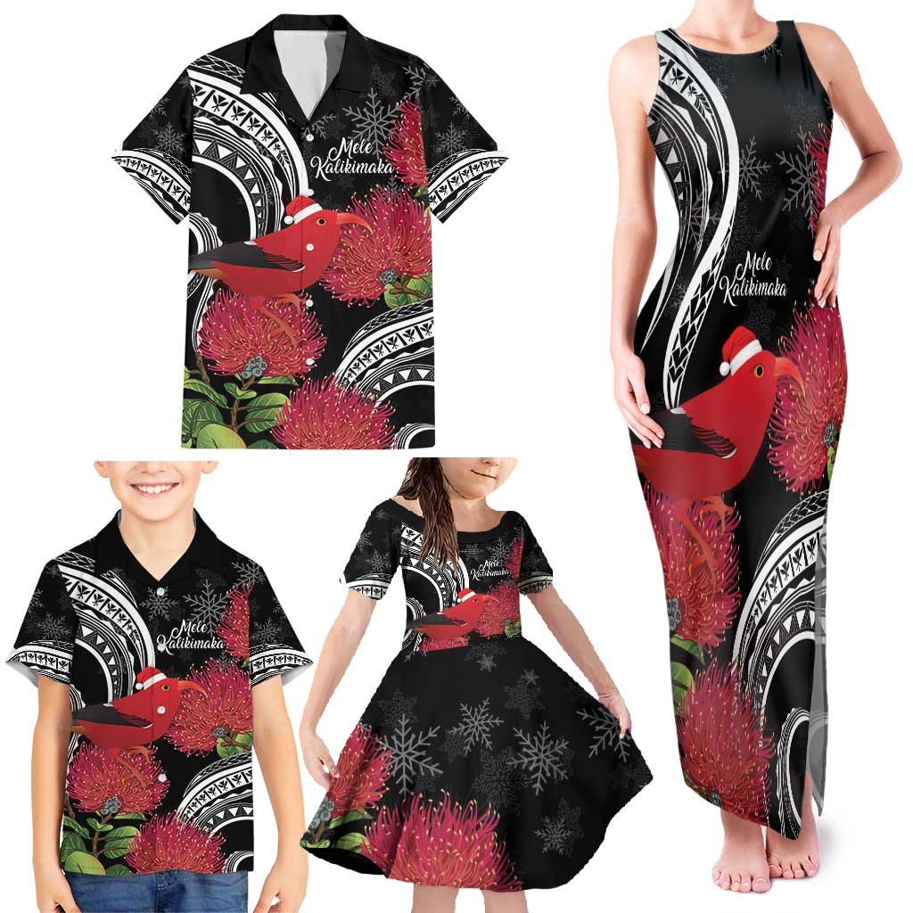 Personalized Mele Kalikimaka Hawaii Family Matching Tank Maxi Dress and Hawaiian Shirt I'iwi Bird With Ohia Lehua - Black Color LT14 - Polynesian Pride