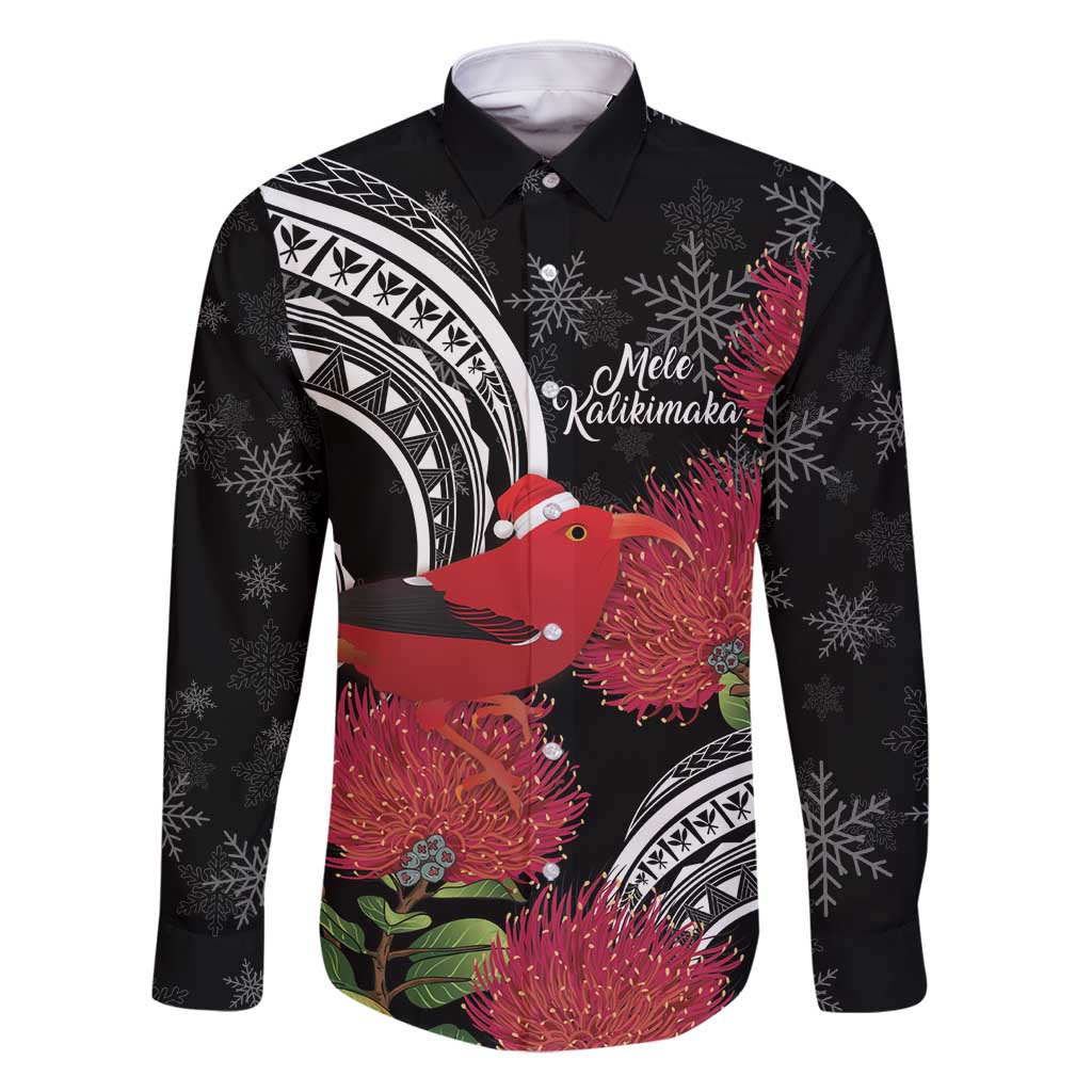 Personalized Mele Kalikimaka Hawaii Family Matching Tank Maxi Dress and Hawaiian Shirt I'iwi Bird With Ohia Lehua - Black Color LT14 Dad's Shirt - Long Sleeve Black - Polynesian Pride