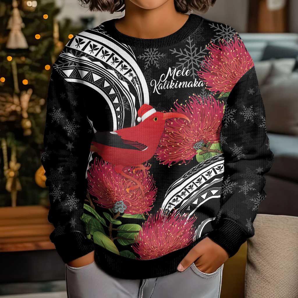 Personalized Mele Kalikimaka Hawaii Kid Ugly Christmas Sweater I'iwi Bird With Ohia Lehua - Black Color LT14 - Polynesian Pride