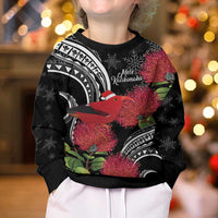 Personalized Mele Kalikimaka Hawaii Kid Ugly Christmas Sweater I'iwi Bird With Ohia Lehua - Black Color LT14 - Polynesian Pride