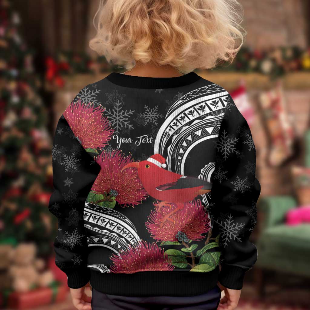 Personalized Mele Kalikimaka Hawaii Kid Ugly Christmas Sweater I'iwi Bird With Ohia Lehua - Black Color LT14 - Polynesian Pride