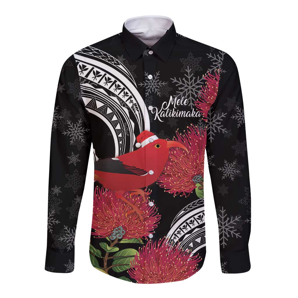 Personalized Mele Kalikimaka Hawaii Long Sleeve Button Shirt I'iwi Bird With Ohia Lehua - Black Color LT14 Unisex Black - Polynesian Pride