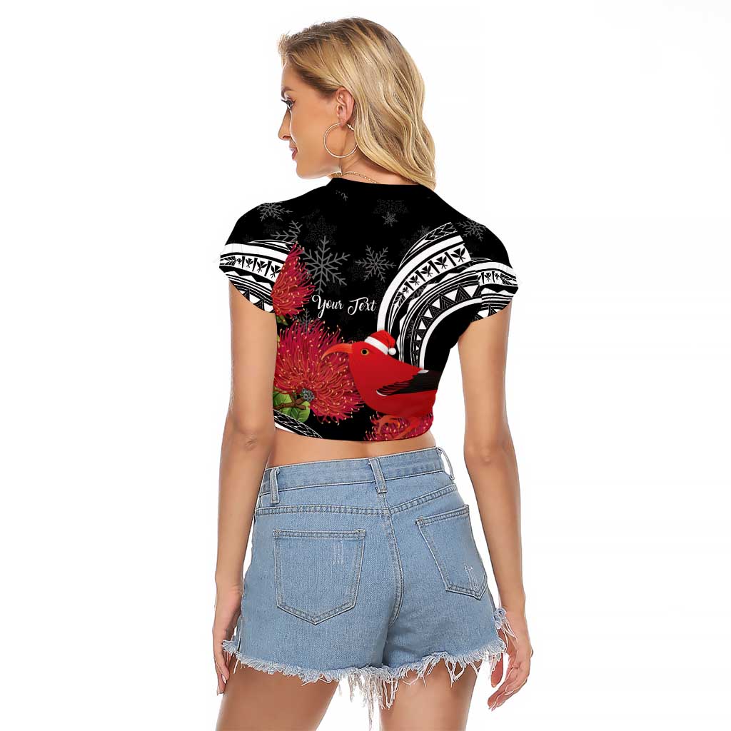 Personalized Mele Kalikimaka Hawaii Raglan Cropped T Shirt I'iwi Bird With Ohia Lehua - Black Color