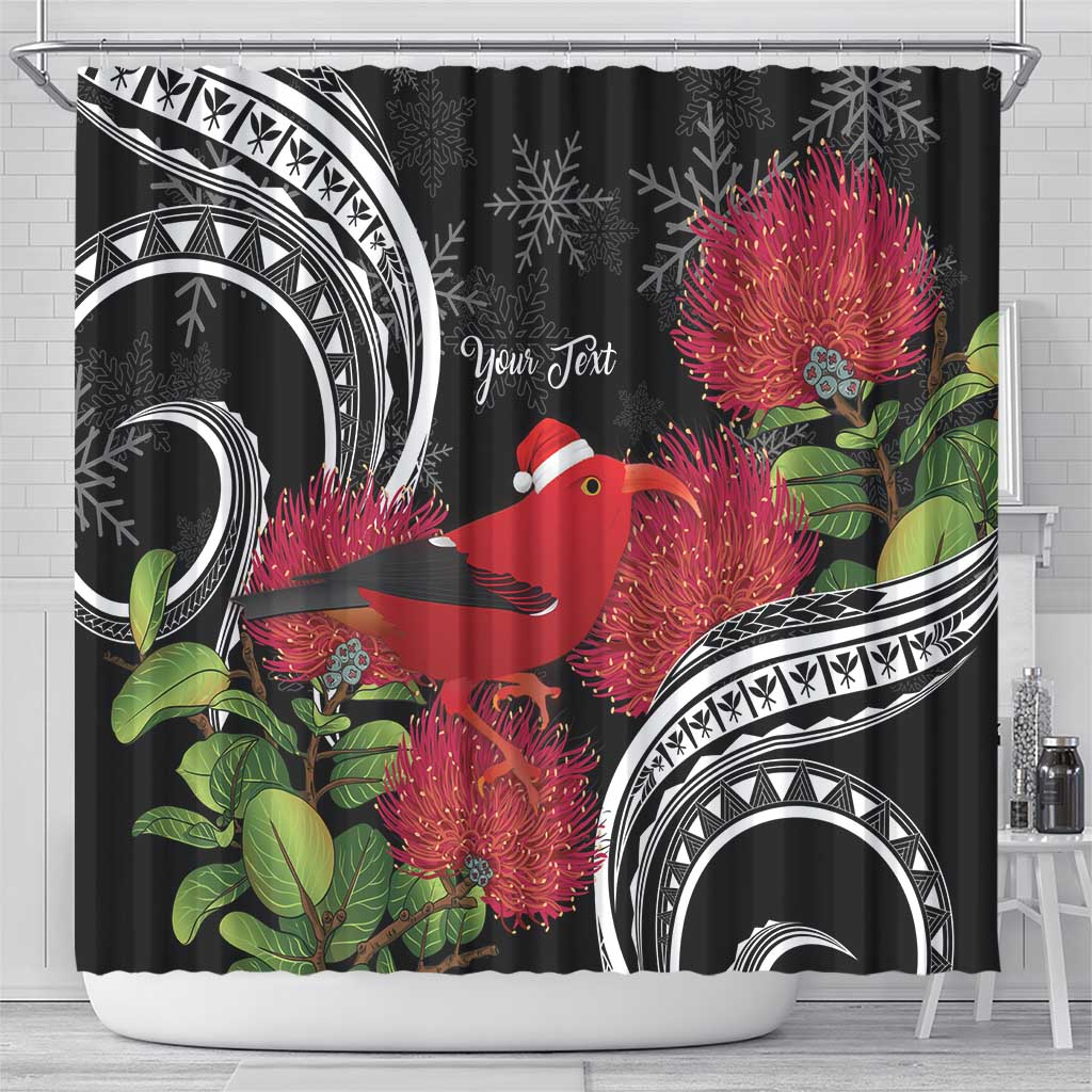 Personalized Mele Kalikimaka Hawaii Shower Curtain I'iwi Bird With Ohia Lehua - Black Color LT14 - Polynesian Pride