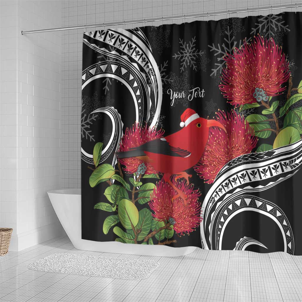 Personalized Mele Kalikimaka Hawaii Shower Curtain I'iwi Bird With Ohia Lehua - Black Color LT14 - Polynesian Pride