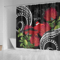 Personalized Mele Kalikimaka Hawaii Shower Curtain I'iwi Bird With Ohia Lehua - Black Color LT14 - Polynesian Pride