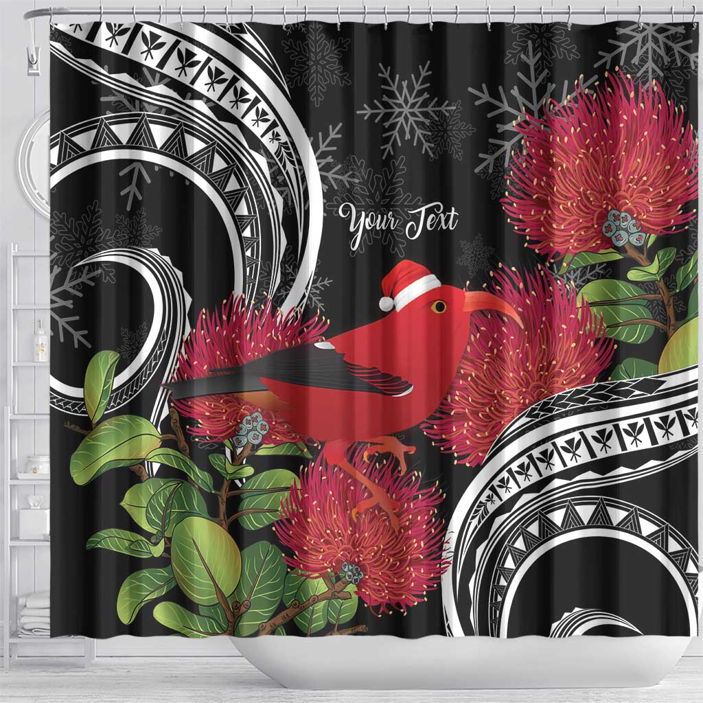 Personalized Mele Kalikimaka Hawaii Shower Curtain I'iwi Bird With Ohia Lehua - Black Color LT14 - Polynesian Pride