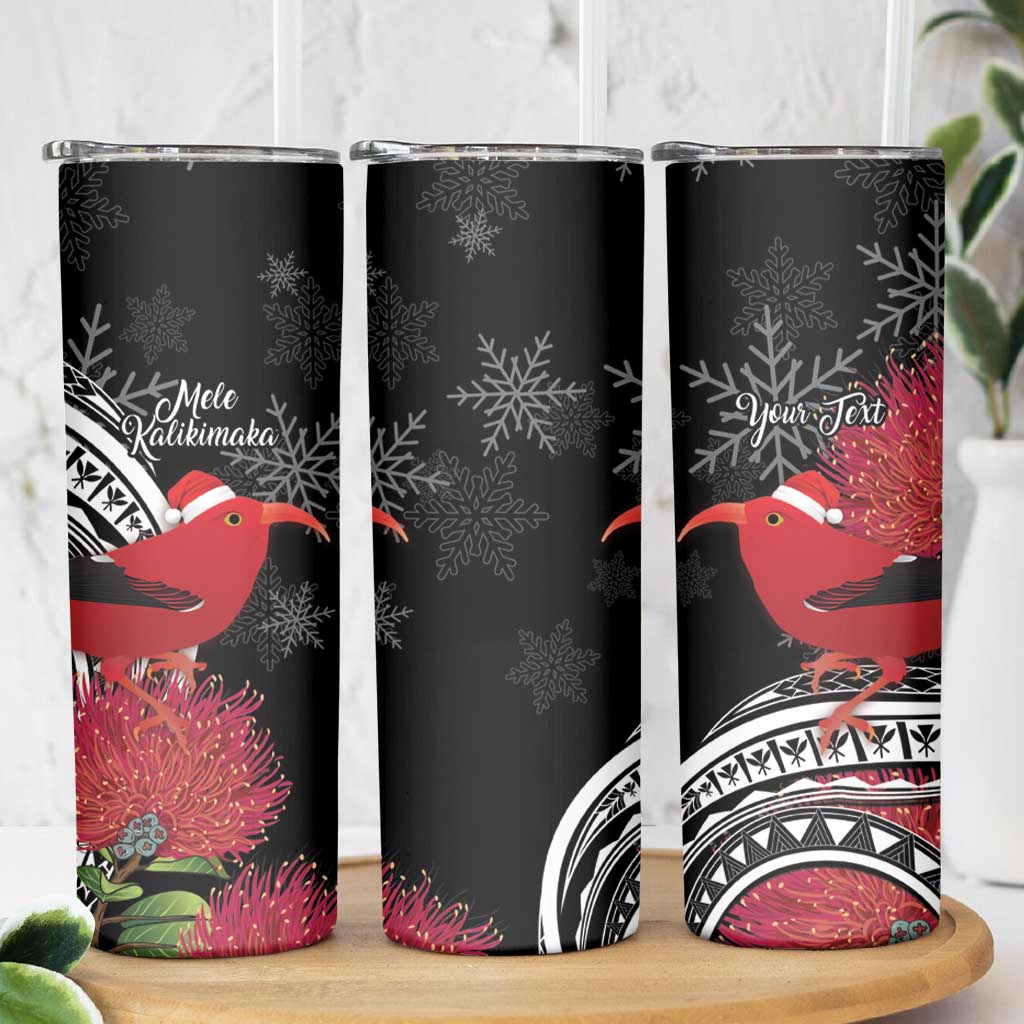 Personalized Mele Kalikimaka Hawaii Skinny Tumbler I'iwi Bird With Ohia Lehua - Black Color LT14 - Polynesian Pride