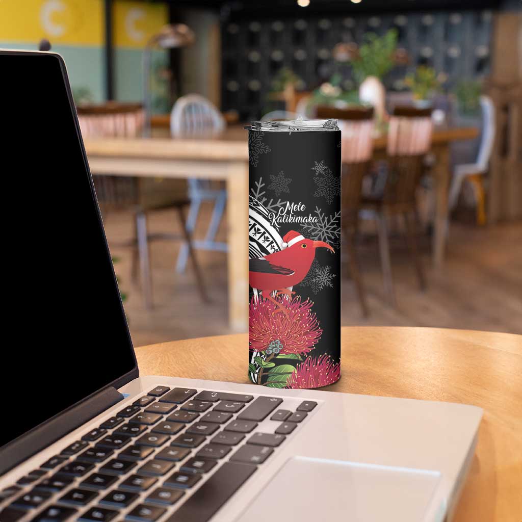 Personalized Mele Kalikimaka Hawaii Skinny Tumbler I'iwi Bird With Ohia Lehua - Black Color LT14 - Polynesian Pride