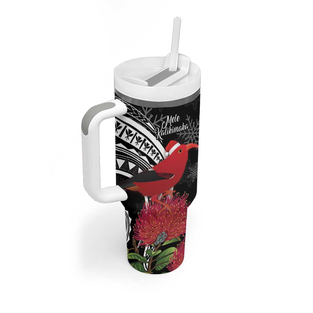 Personalized Mele Kalikimaka Hawaii Tumbler With Handle I'iwi Bird With Ohia Lehua - Black Color LT14 - Polynesian Pride