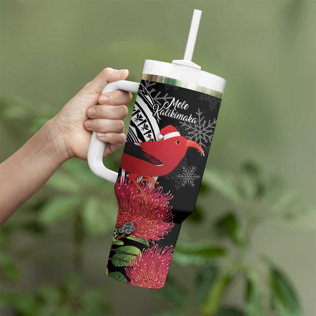 Personalized Mele Kalikimaka Hawaii Tumbler With Handle I'iwi Bird With Ohia Lehua - Black Color LT14 - Polynesian Pride