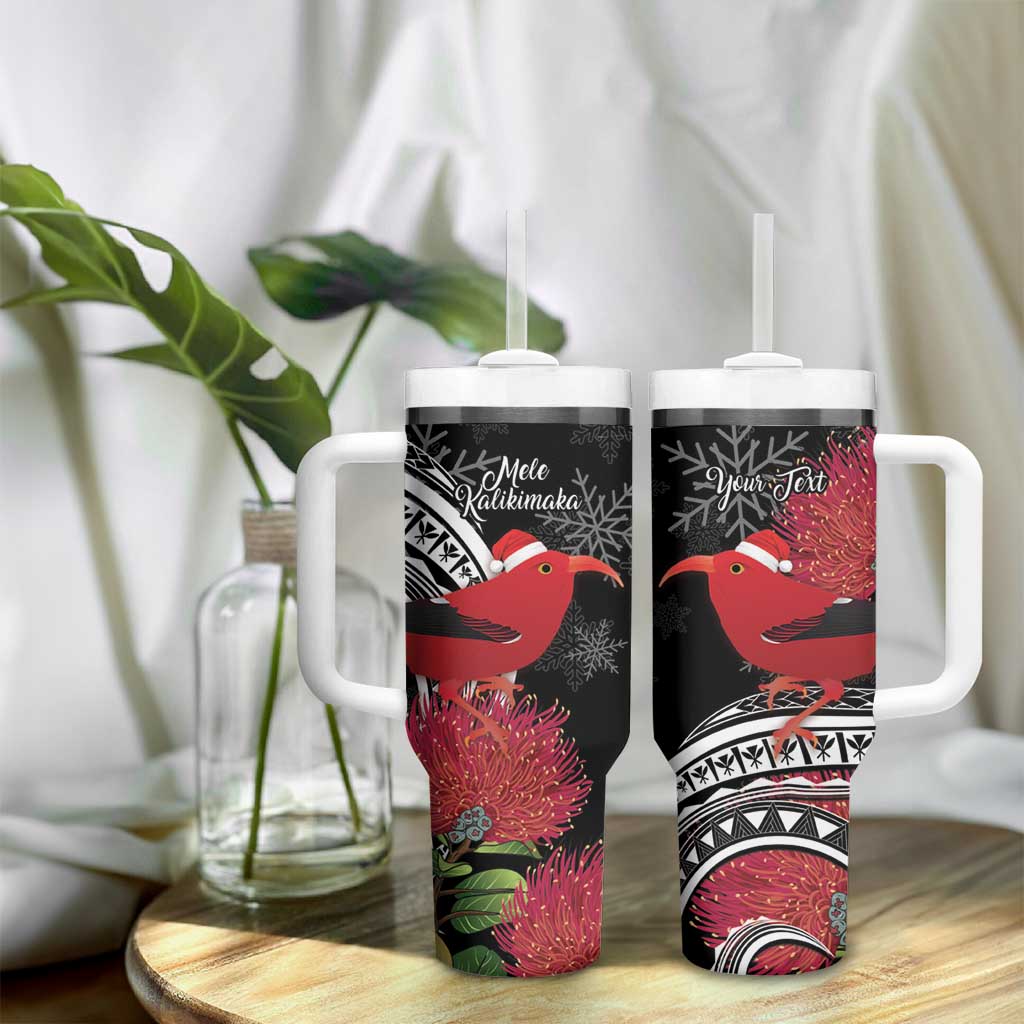Personalized Mele Kalikimaka Hawaii Tumbler With Handle I'iwi Bird With Ohia Lehua - Black Color LT14 - Polynesian Pride