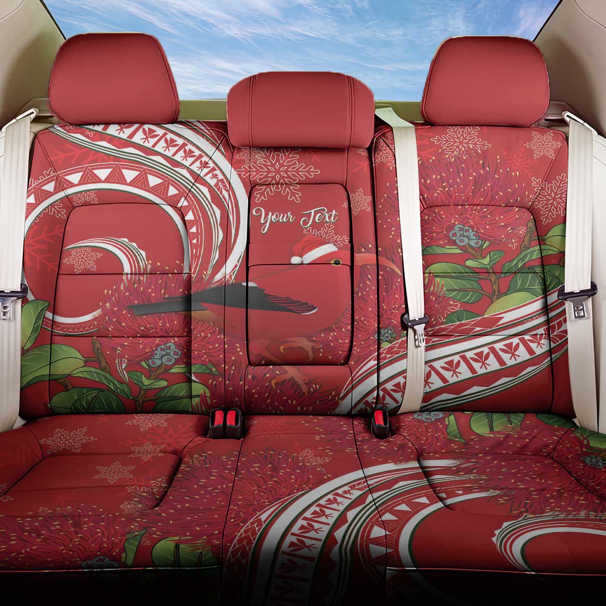 Personalized Mele Kalikimaka Hawaii Back Car Seat Cover I'iwi Bird With Ohia Lehua - Red Color LT14 One Size Red - Polynesian Pride
