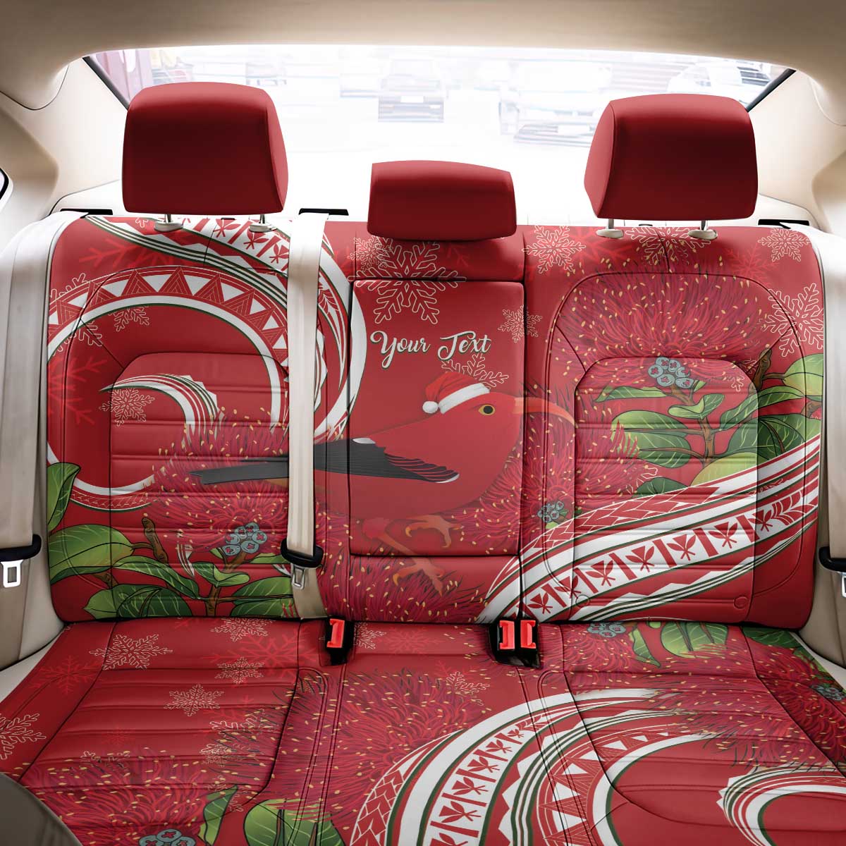 Personalized Mele Kalikimaka Hawaii Back Car Seat Cover I'iwi Bird With Ohia Lehua - Red Color LT14 - Polynesian Pride
