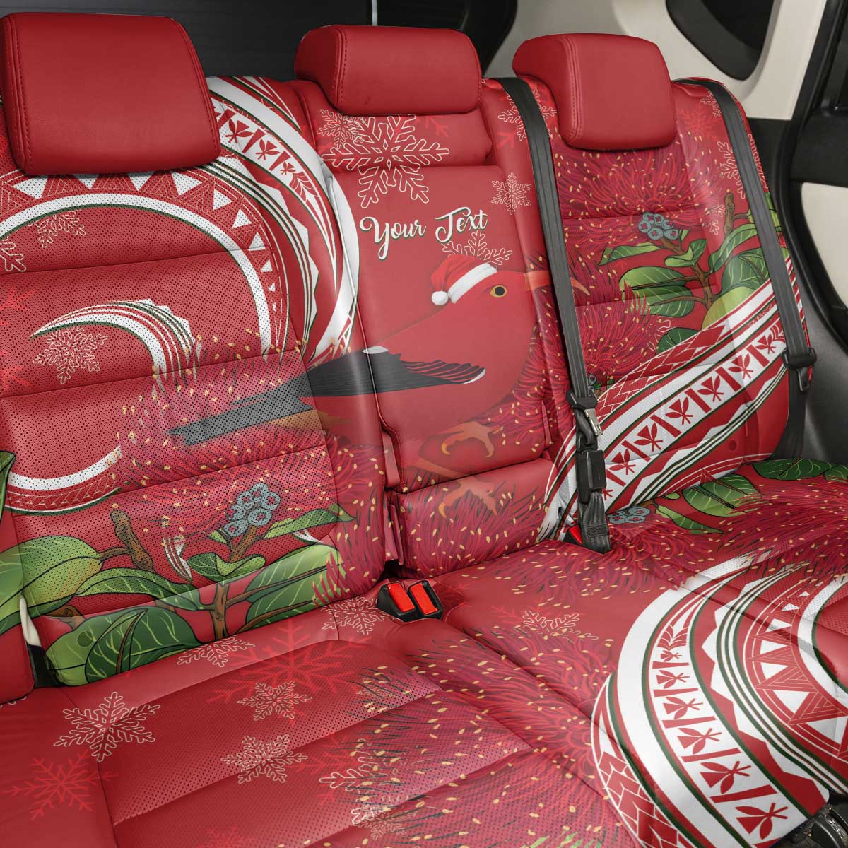 Personalized Mele Kalikimaka Hawaii Back Car Seat Cover I'iwi Bird With Ohia Lehua - Red Color LT14 - Polynesian Pride