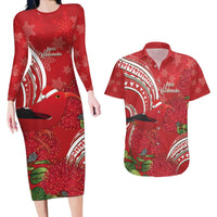 Personalized Mele Kalikimaka Hawaii Couples Matching Long Sleeve Bodycon Dress and Hawaiian Shirt I'iwi Bird With Ohia Lehua - Red Color LT14 Red - Polynesian Pride