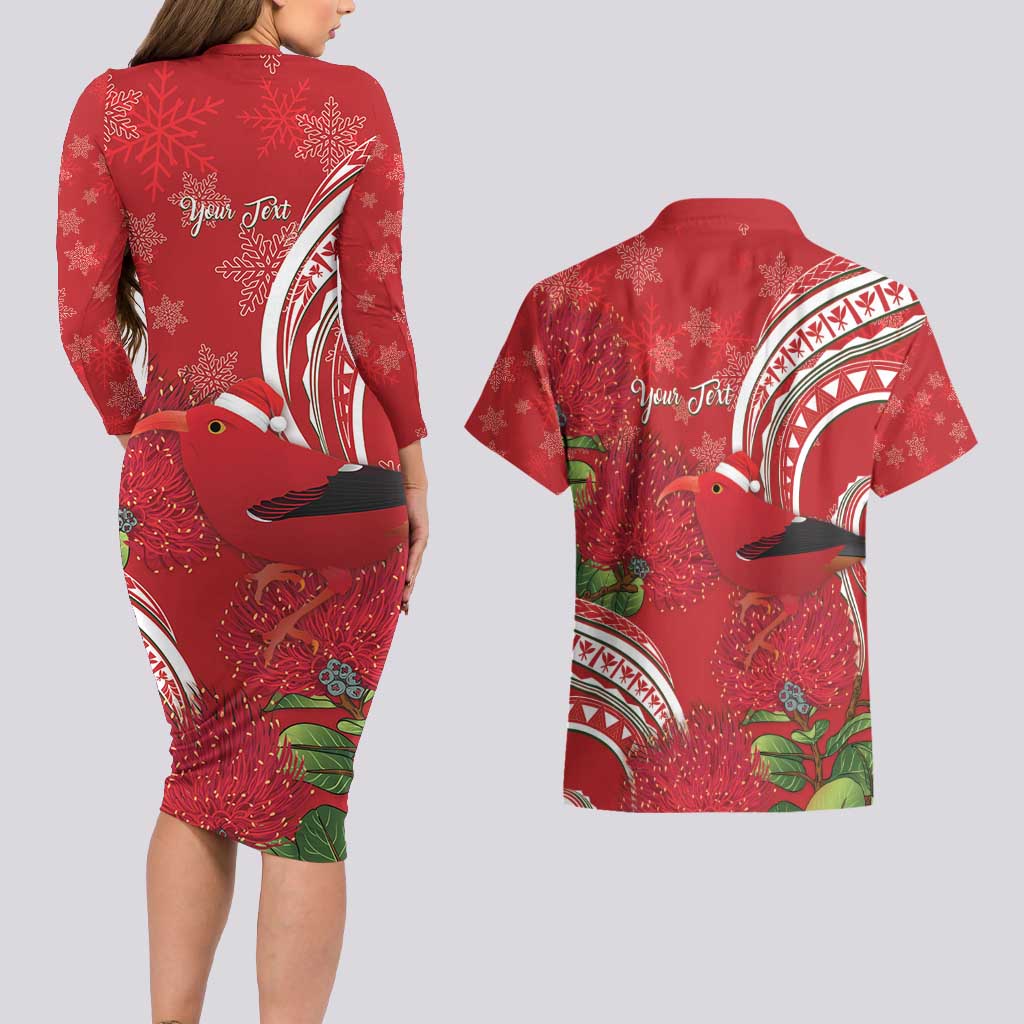 Personalized Mele Kalikimaka Hawaii Couples Matching Long Sleeve Bodycon Dress and Hawaiian Shirt I'iwi Bird With Ohia Lehua - Red Color LT14 - Polynesian Pride