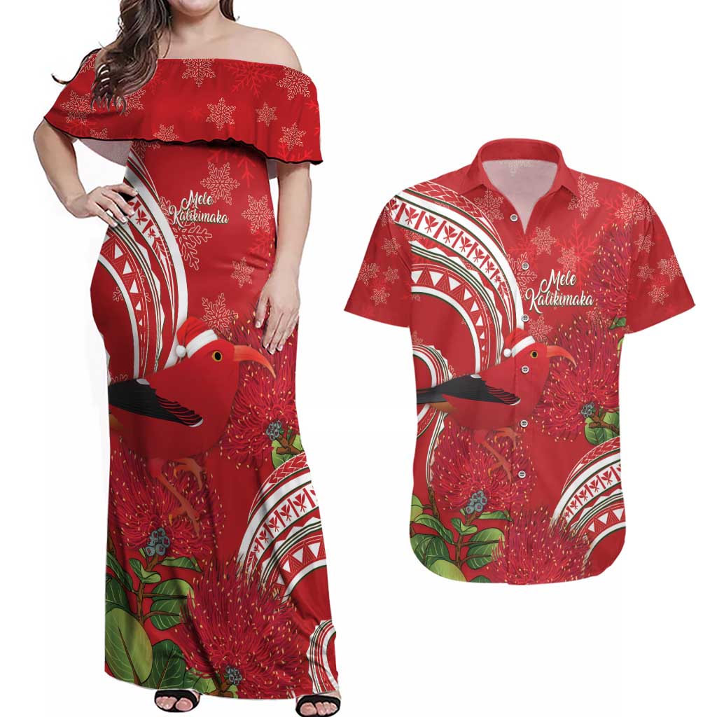 Personalized Mele Kalikimaka Hawaii Couples Matching Off Shoulder Maxi Dress and Hawaiian Shirt I'iwi Bird With Ohia Lehua - Red Color LT14 Red - Polynesian Pride