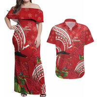 Personalized Mele Kalikimaka Hawaii Couples Matching Off Shoulder Maxi Dress and Hawaiian Shirt I'iwi Bird With Ohia Lehua - Red Color LT14 Red - Polynesian Pride