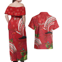 Personalized Mele Kalikimaka Hawaii Couples Matching Off Shoulder Maxi Dress and Hawaiian Shirt I'iwi Bird With Ohia Lehua - Red Color LT14 - Polynesian Pride