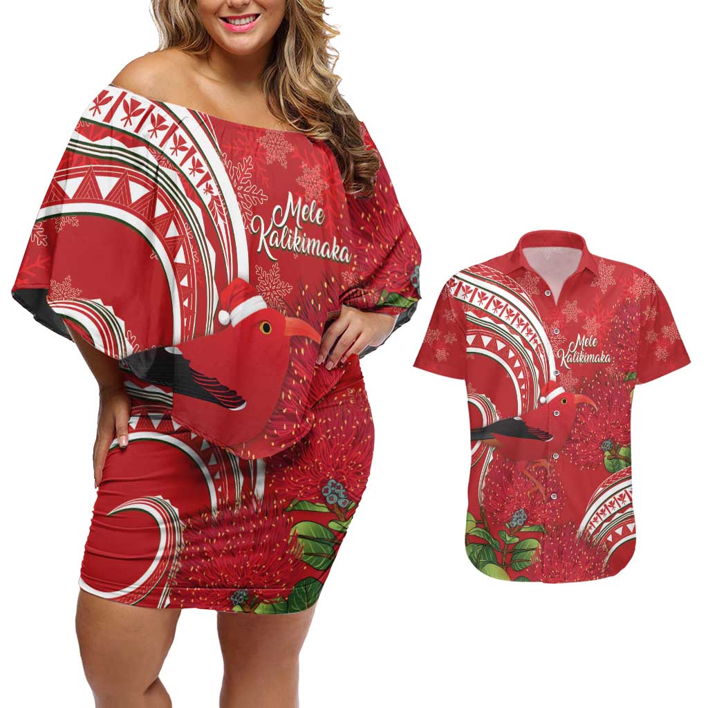 Personalized Mele Kalikimaka Hawaii Couples Matching Off Shoulder Short Dress and Hawaiian Shirt I'iwi Bird With Ohia Lehua - Red Color