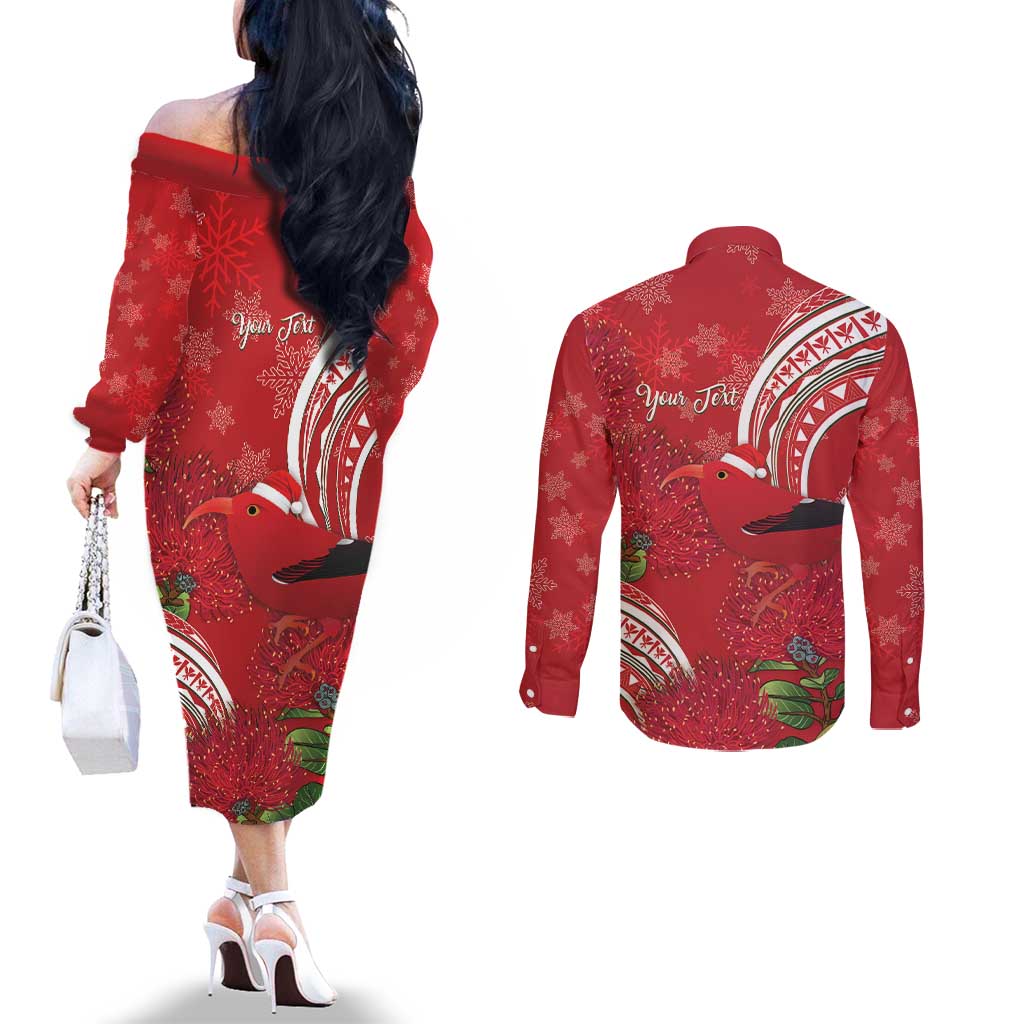Personalized Mele Kalikimaka Hawaii Couples Matching Off The Shoulder Long Sleeve Dress and Long Sleeve Button Shirt I'iwi Bird With Ohia Lehua - Red Color