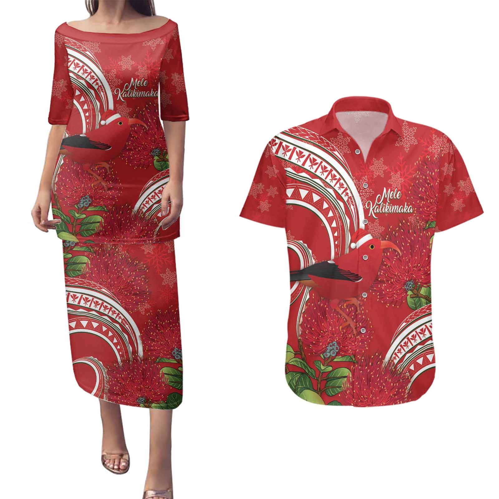 Personalized Mele Kalikimaka Hawaii Couples Matching Puletasi and Hawaiian Shirt I'iwi Bird With Ohia Lehua - Red Color