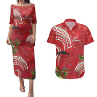 Personalized Mele Kalikimaka Hawaii Couples Matching Puletasi and Hawaiian Shirt I'iwi Bird With Ohia Lehua - Red Color