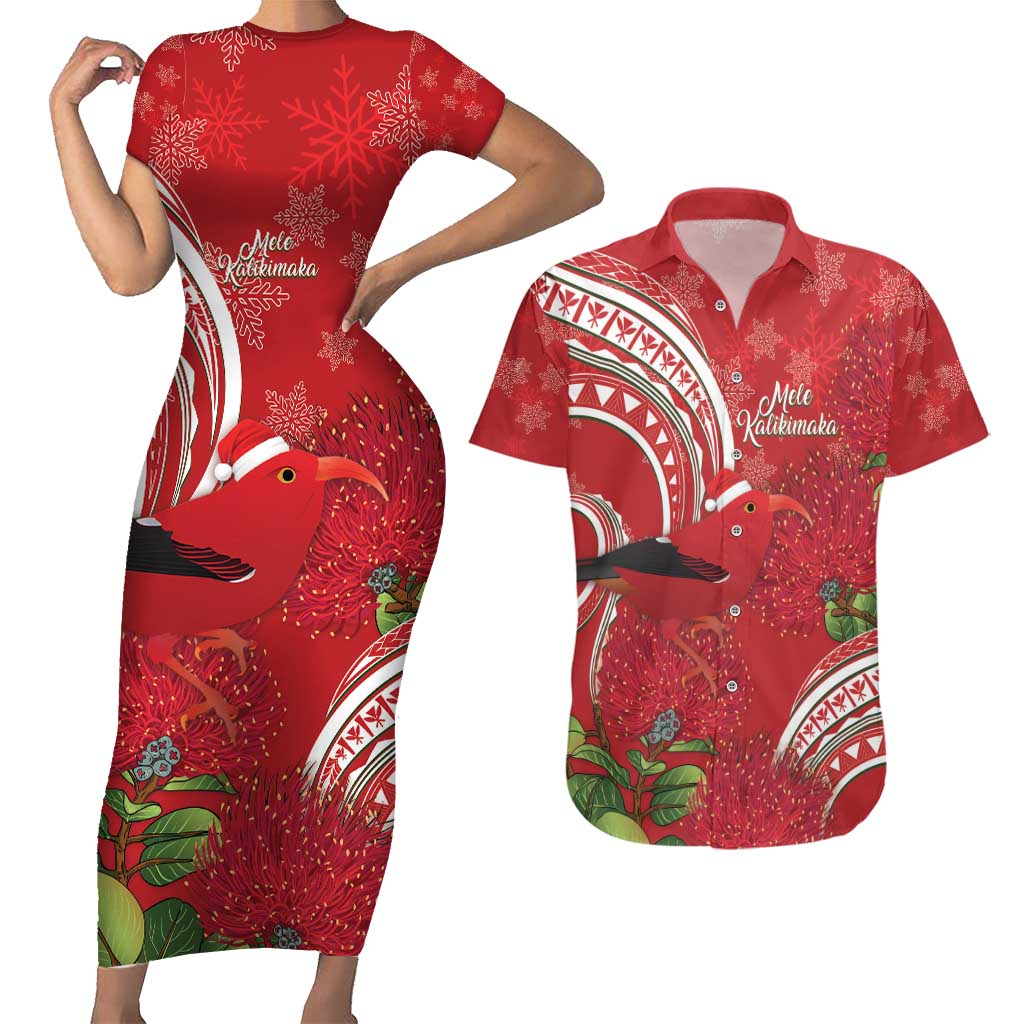 Personalized Mele Kalikimaka Hawaii Couples Matching Short Sleeve Bodycon Dress and Hawaiian Shirt I'iwi Bird With Ohia Lehua - Red Color LT14 Red - Polynesian Pride