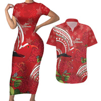 Personalized Mele Kalikimaka Hawaii Couples Matching Short Sleeve Bodycon Dress and Hawaiian Shirt I'iwi Bird With Ohia Lehua - Red Color LT14 Red - Polynesian Pride