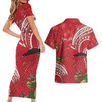 Personalized Mele Kalikimaka Hawaii Couples Matching Short Sleeve Bodycon Dress and Hawaiian Shirt I'iwi Bird With Ohia Lehua - Red Color LT14 - Polynesian Pride
