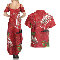 Personalized Mele Kalikimaka Hawaii Couples Matching Summer Maxi Dress and Hawaiian Shirt I'iwi Bird With Ohia Lehua - Red Color LT14 - Polynesian Pride
