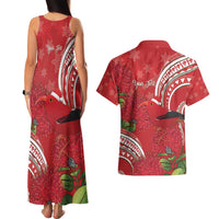 Personalized Mele Kalikimaka Hawaii Couples Matching Tank Maxi Dress and Hawaiian Shirt I'iwi Bird With Ohia Lehua - Red Color