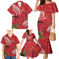 Personalized Mele Kalikimaka Hawaii Family Matching Mermaid Dress and Hawaiian Shirt I'iwi Bird With Ohia Lehua - Red Color LT14 - Polynesian Pride