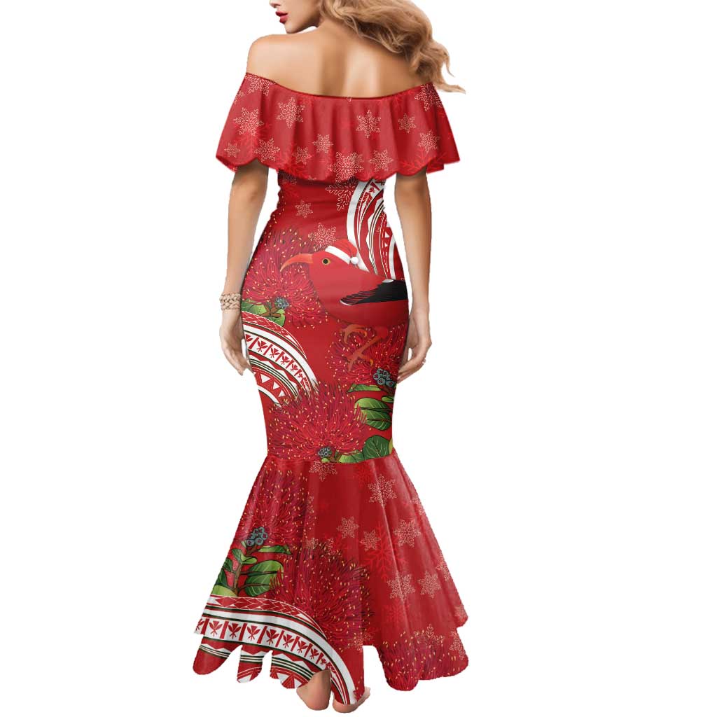 Personalized Mele Kalikimaka Hawaii Family Matching Mermaid Dress and Hawaiian Shirt I'iwi Bird With Ohia Lehua - Red Color LT14 - Polynesian Pride