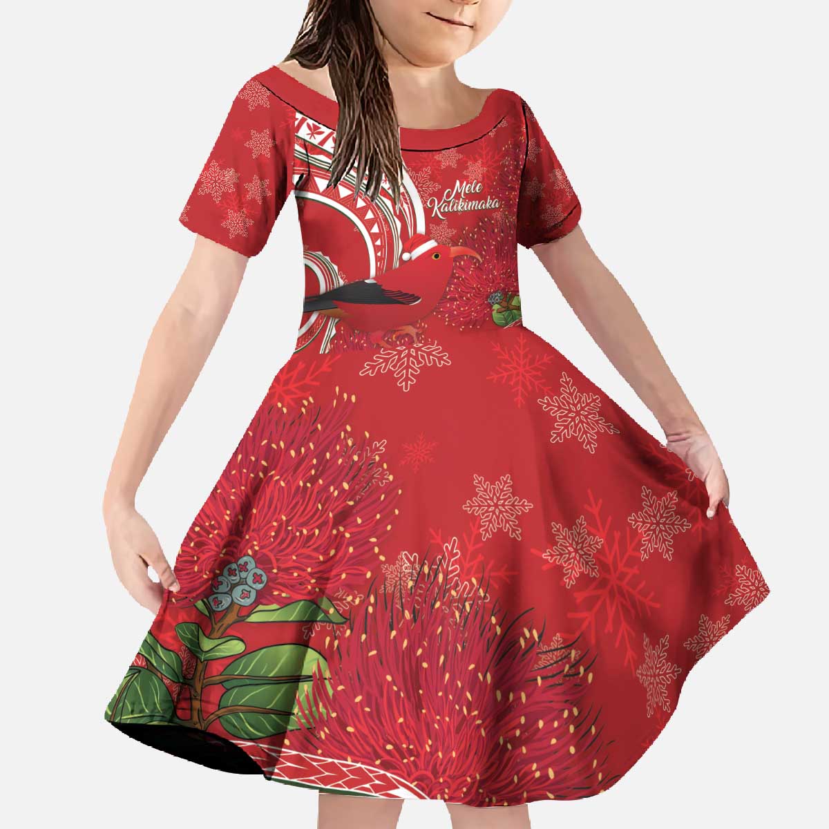 Personalized Mele Kalikimaka Hawaii Family Matching Off The Shoulder Long Sleeve Dress and Hawaiian Shirt I'iwi Bird With Ohia Lehua - Red Color LT14 Daughter's Dress Red - Polynesian Pride