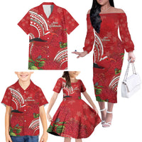 Personalized Mele Kalikimaka Hawaii Family Matching Off The Shoulder Long Sleeve Dress and Hawaiian Shirt I'iwi Bird With Ohia Lehua - Red Color LT14 - Polynesian Pride