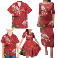 Personalized Mele Kalikimaka Hawaii Family Matching Puletasi and Hawaiian Shirt I'iwi Bird With Ohia Lehua - Red Color LT14 - Polynesian Pride