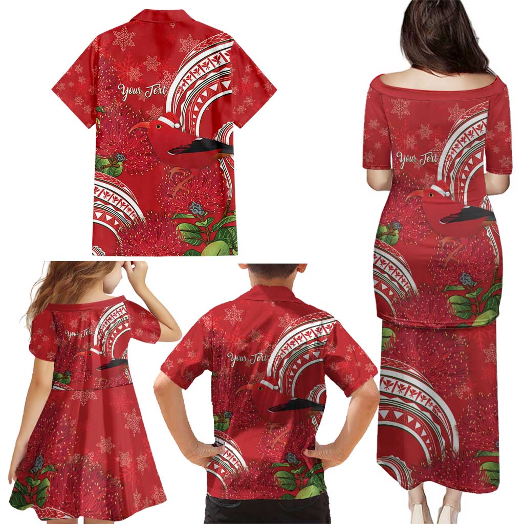 Personalized Mele Kalikimaka Hawaii Family Matching Puletasi and Hawaiian Shirt I'iwi Bird With Ohia Lehua - Red Color LT14 - Polynesian Pride