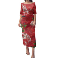 Personalized Mele Kalikimaka Hawaii Family Matching Puletasi and Hawaiian Shirt I'iwi Bird With Ohia Lehua - Red Color LT14 Mom's Dress Red - Polynesian Pride