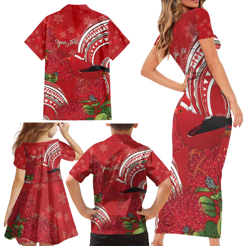 Personalized Mele Kalikimaka Hawaii Family Matching Short Sleeve Bodycon Dress and Hawaiian Shirt I'iwi Bird With Ohia Lehua - Red Color LT14 - Polynesian Pride
